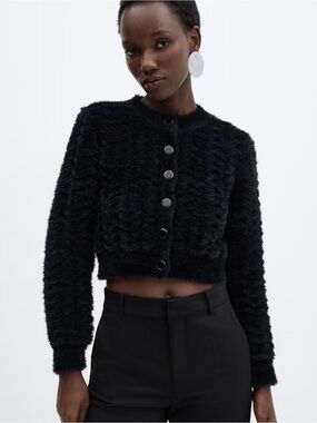 Mango Black Fuzzy Button-Front Cardigan
